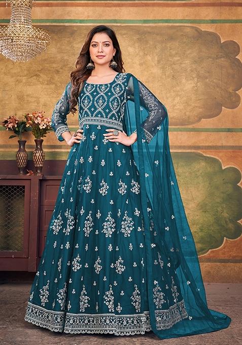 Teal Blue Embroidered Net Kurta Set