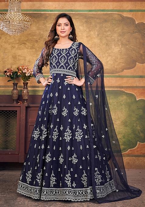 Navy Blue Embroidered Net Kurta Set