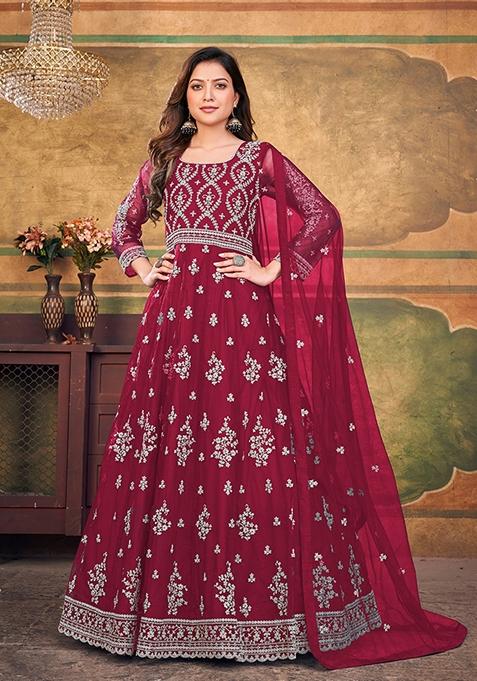 Red Embroidered Net Kurta Set