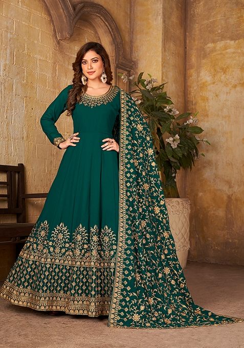 Teal Embroidered Georgette Kurta Set