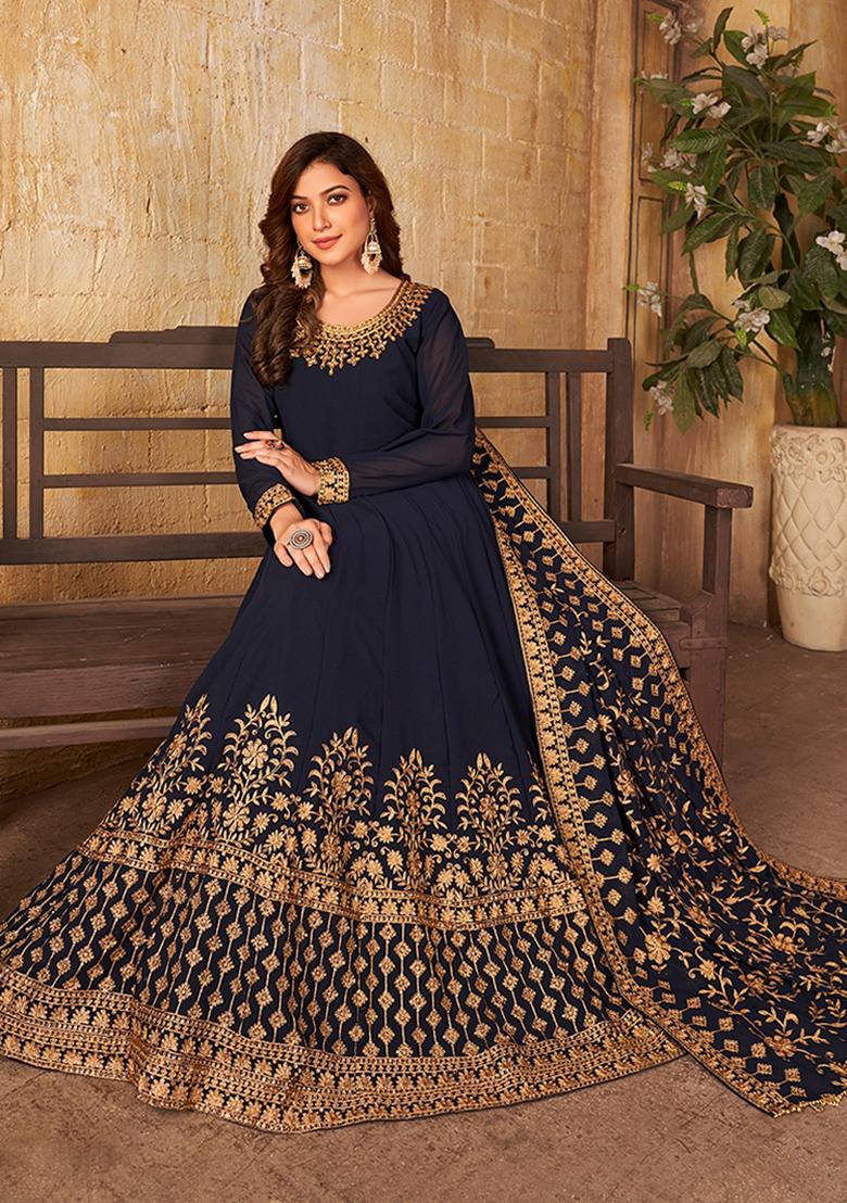 Navy Blue Embroidered Georgette Kurta Set