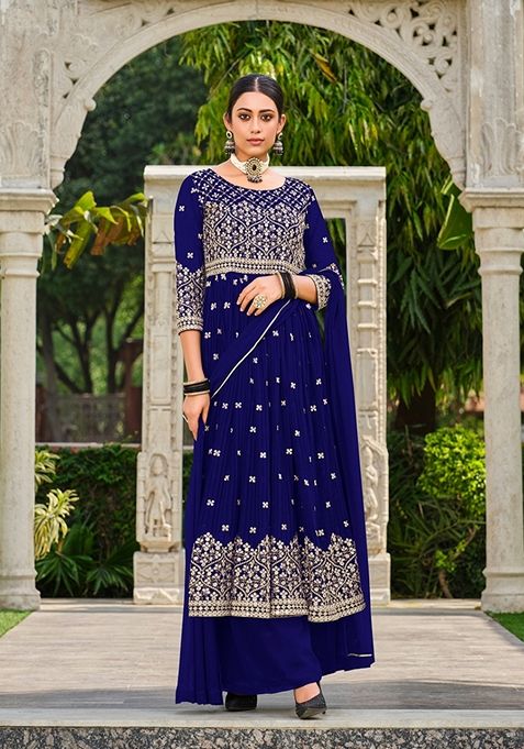 Navy Blue Embroidered Georgette Kurta Set