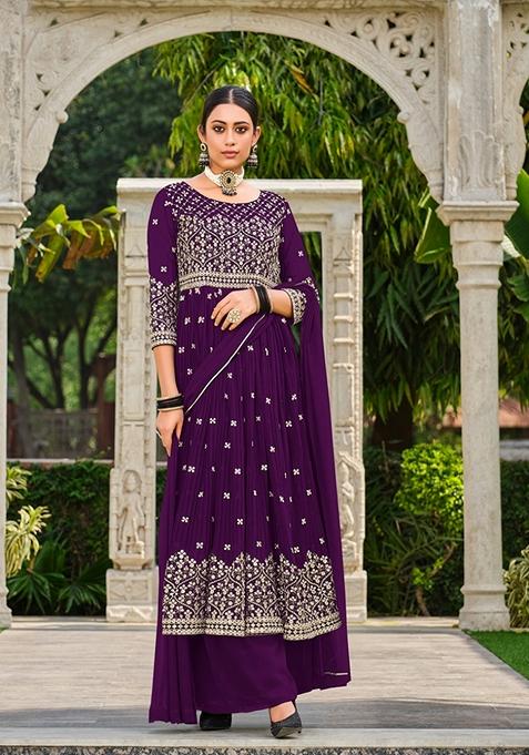 Purple Embroidered Georgette Kurta Set