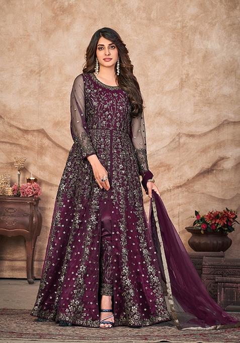 Magenta Embroidered Net Kurta Set