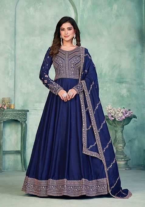 Dark Blue Embroidered Art Silk Kurta Set