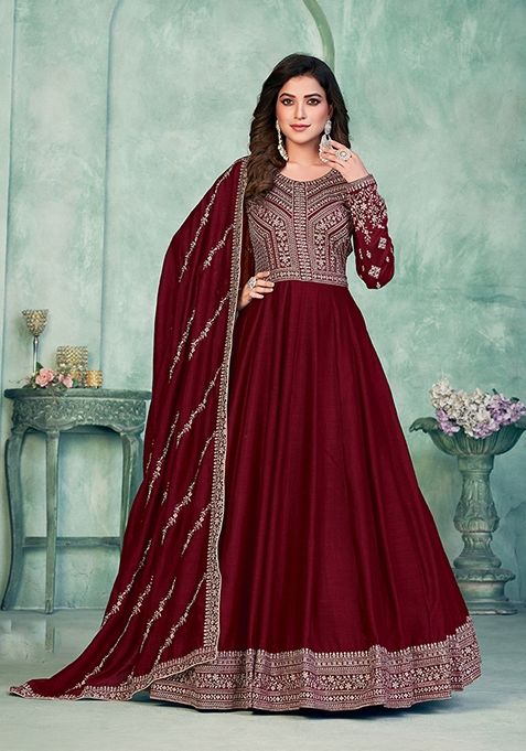 Maroon Embroidered Art Silk Kurta Set