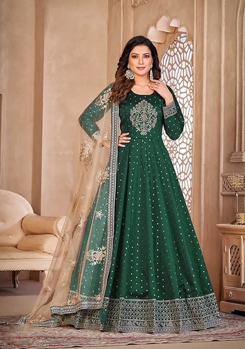 Dark Green Embroidered Taffeta Kurta Set