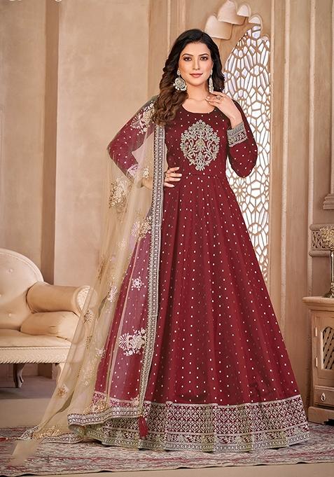 Maroon Embroidered Taffeta Kurta Set