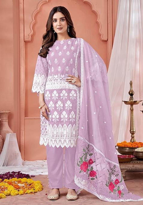 Lilac Embroidered Organza Kurta Set