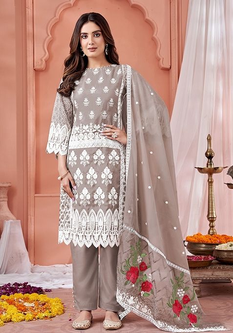 Light Tan Embroidered Organza Kurta Set