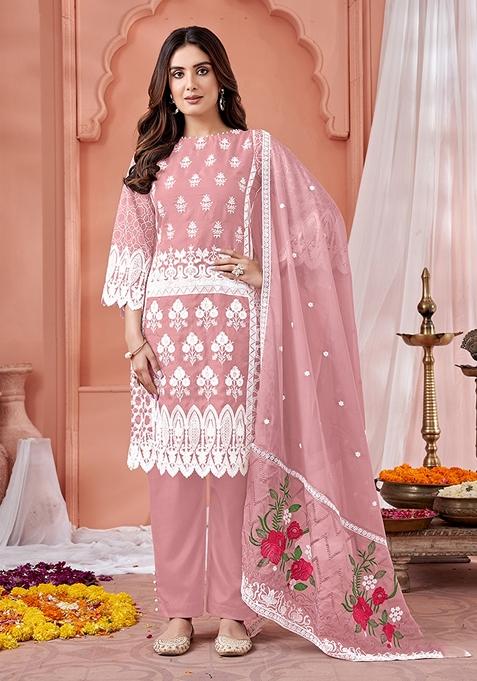 Light Rose Embroidered Organza Kurta Set