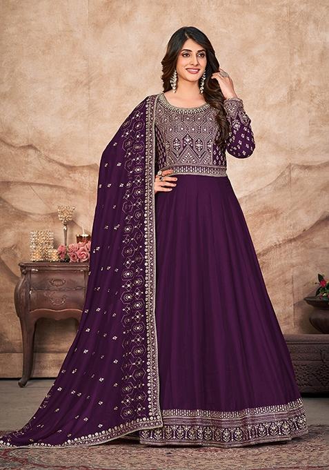 Purple Embroidered Art Silk Kurta Set