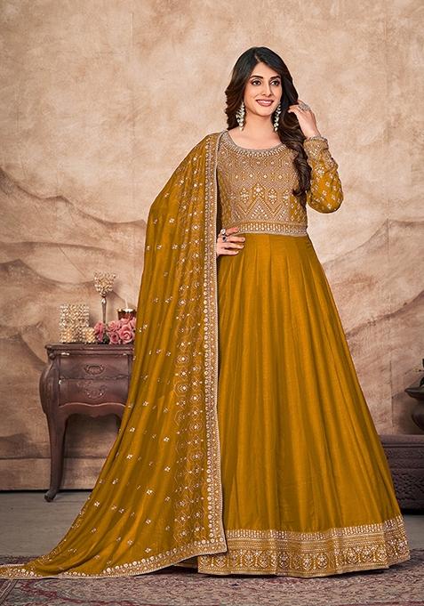 Mustard Embroidered Art Silk Kurta Set