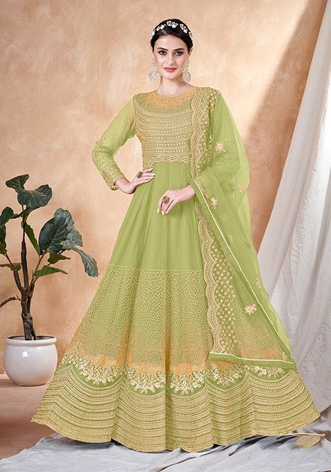 Light Green Embroidered Net Kurta Set