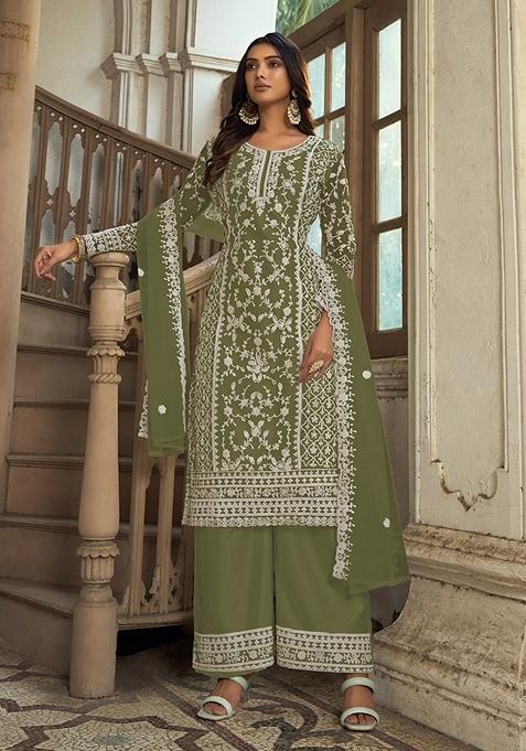 Olive Embroidered Net Kurta Set