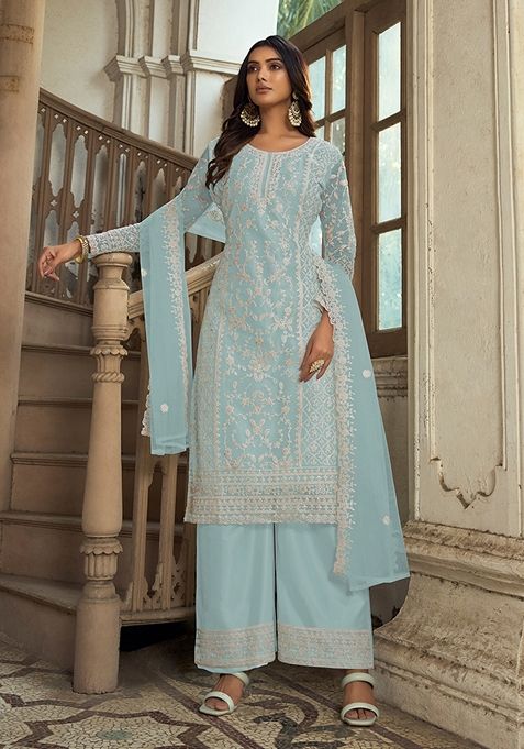 Light Sky Blue Embroidered Net Kurta Set