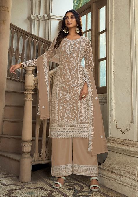 Tan Embroidered Net Kurta Set