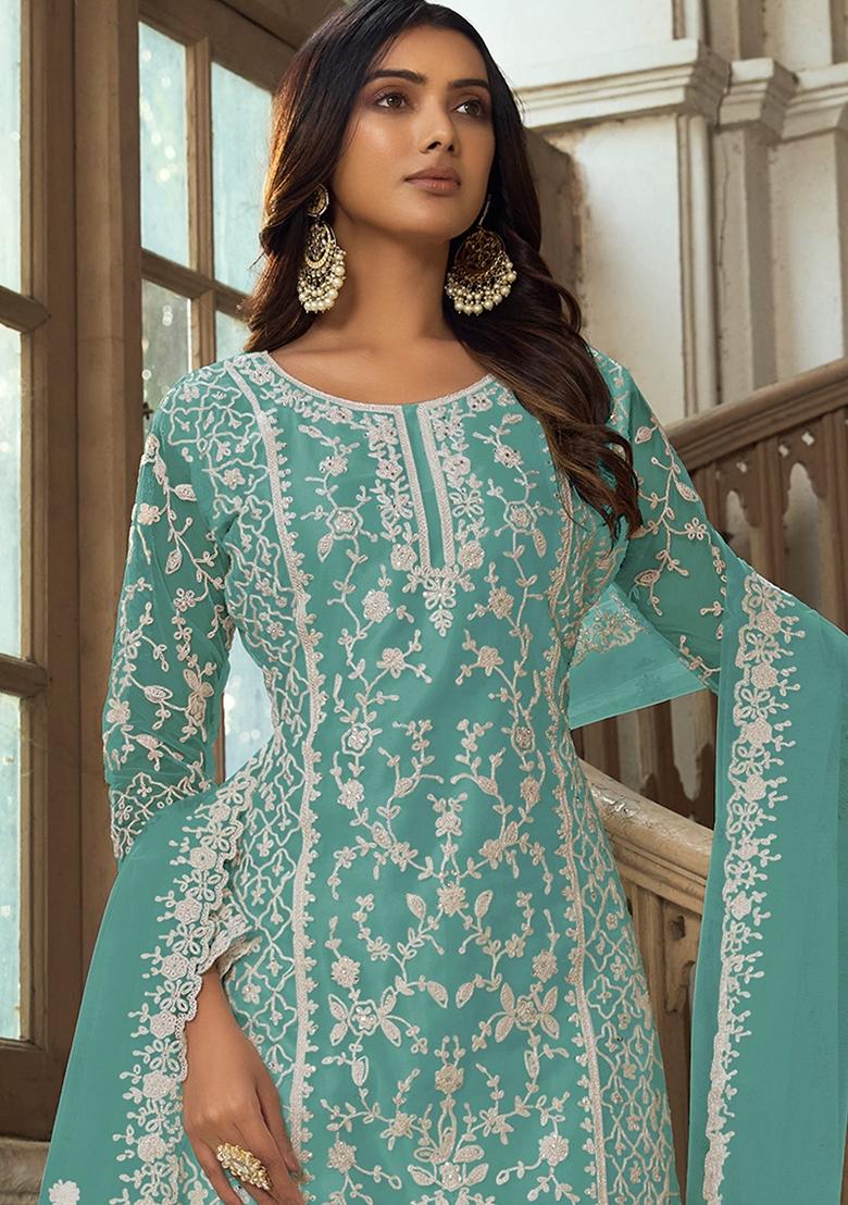 Sky Blue Embroidered Net Kurta Set