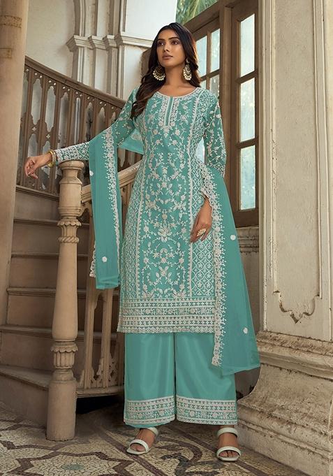 Sky Blue Embroidered Net Kurta Set