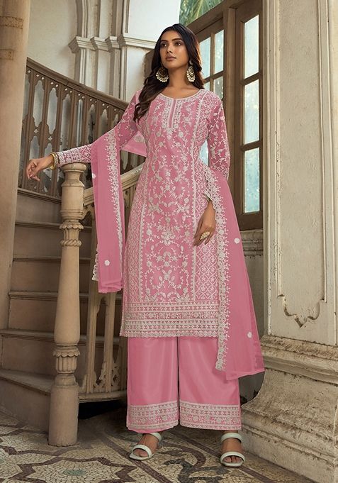 Baby Pink Embroidered Net Kurta Set