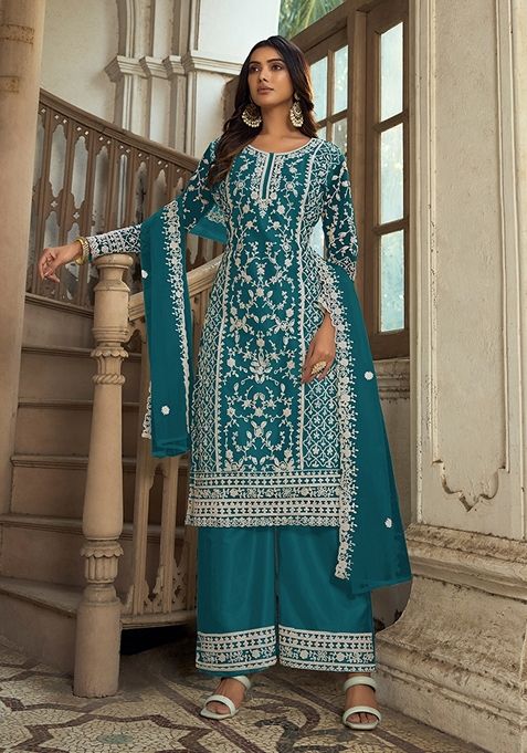 Teal Embroidered Net Kurta Set