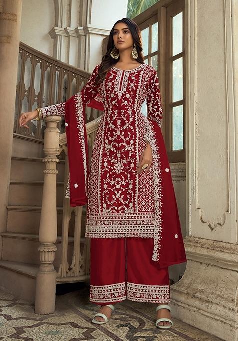 Red Embroidered Net Kurta Set