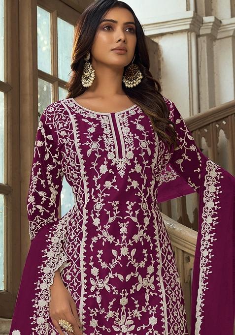 Wine Embroidered Net Kurta Set