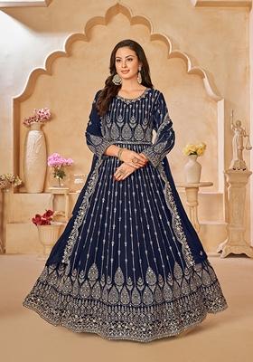 Navy Blue Embroidered Faux Georgette Kurta Set