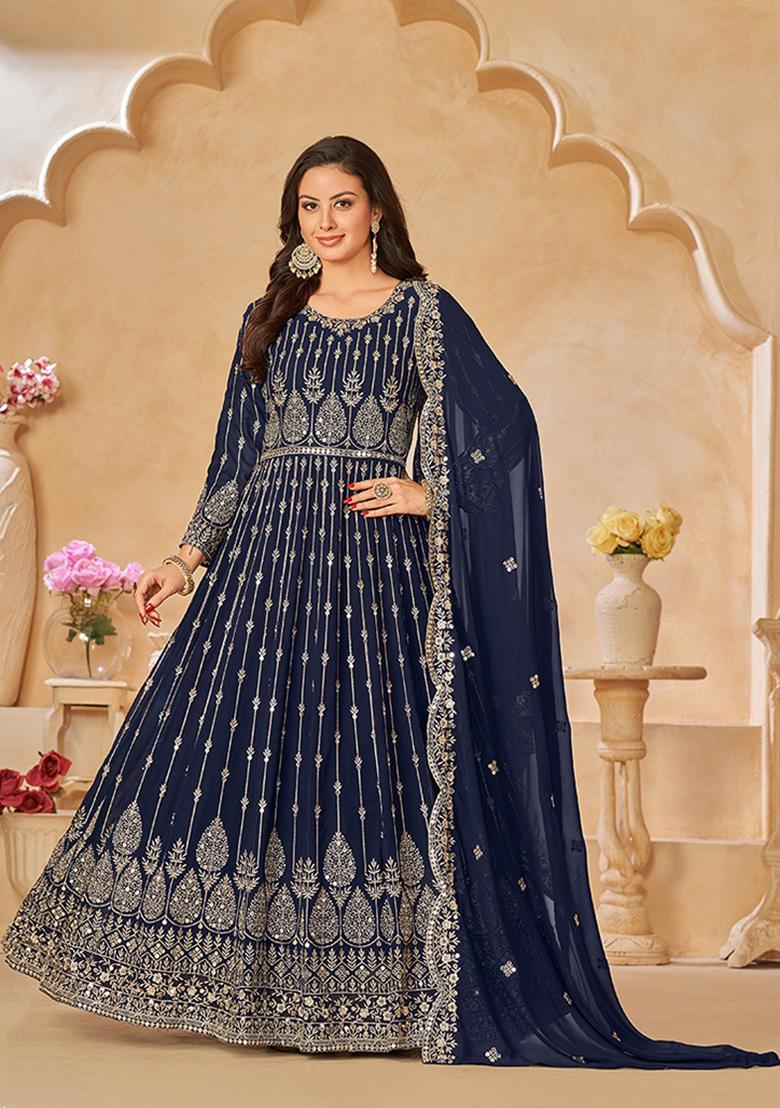 Navy Blue Embroidered Faux Georgette Kurta Set