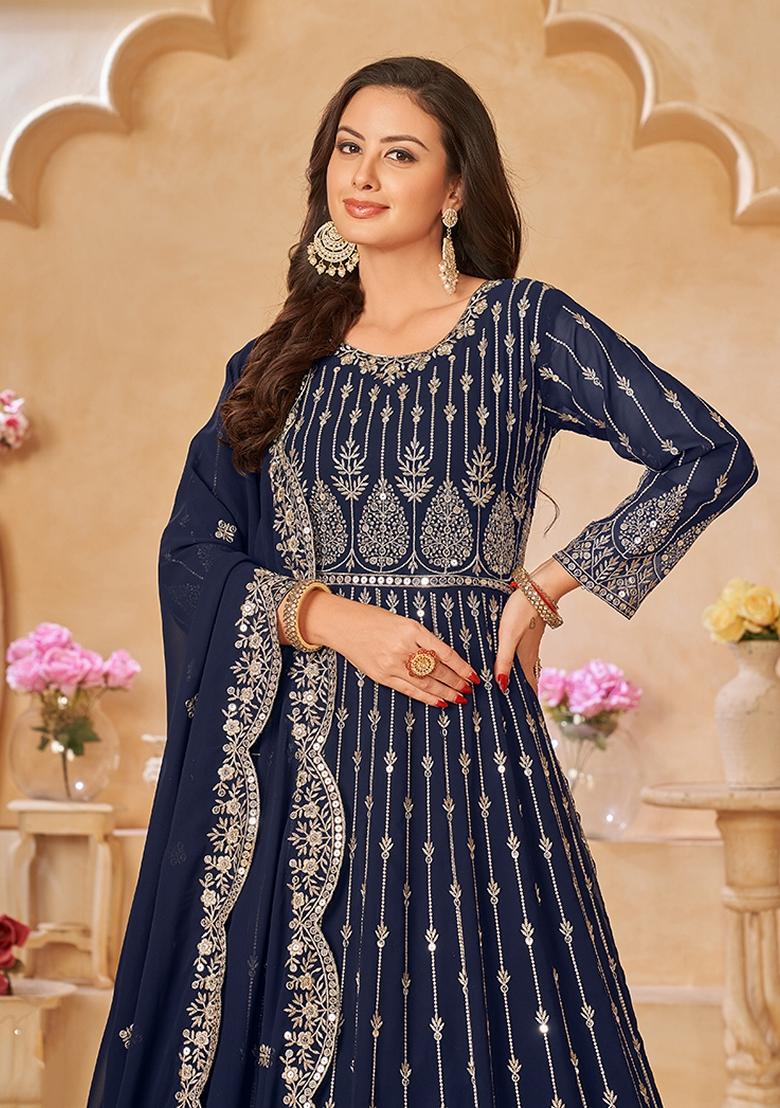 Navy Blue Embroidered Faux Georgette Kurta Set