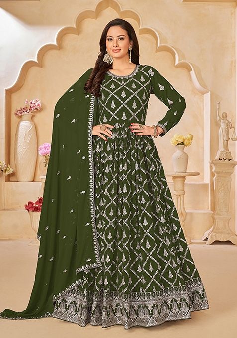 Olive Embroidered Faux Georgette Kurta Set