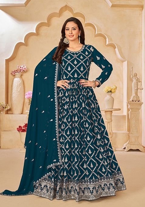 Teal Embroidered Faux Georgette Kurta Set