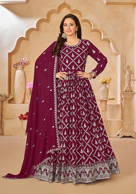 Magenta Embroidered Faux Georgette Kurta Set