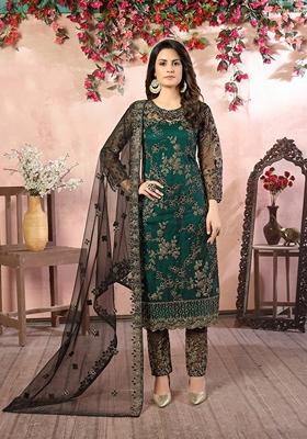 Green Embroidered Net Kurta Set