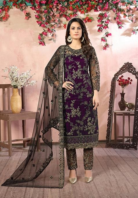 Purple Embroidered Net Kurta Set