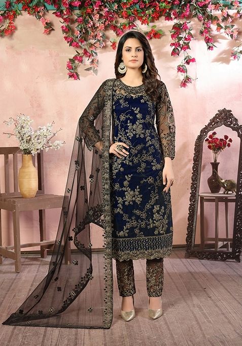 Navy Blue Embroidered Net Kurta Set