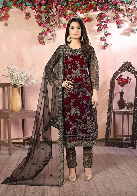 Maroon Embroidered Net Kurta Set