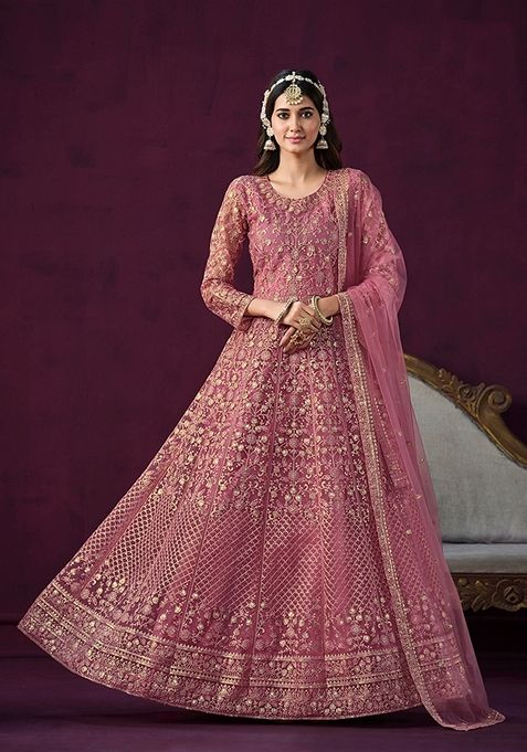 Pink Embroidered Net Kurta Set