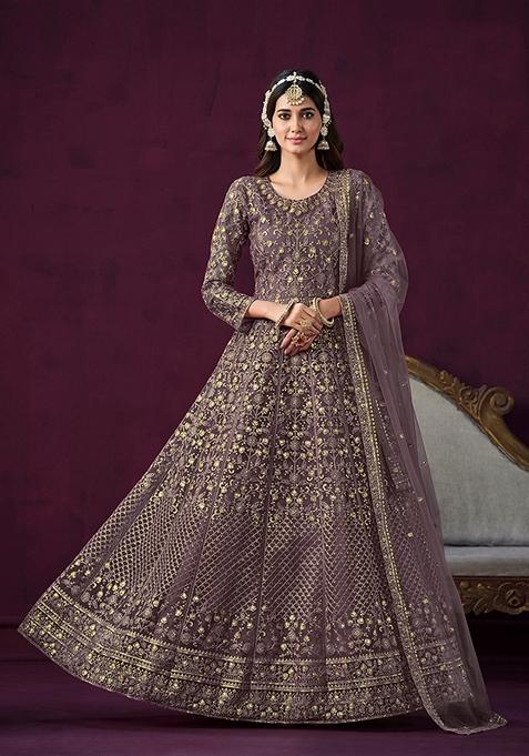 Mauve Embroidered Net Kurta Set