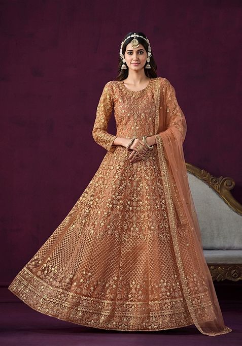 Light Orange Embroidered Net Kurta Set