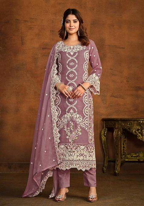 Mauve Embroidered Organza Kurta Set