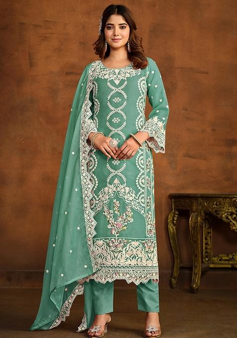 Sea Green Embroidered Organza Kurta Set