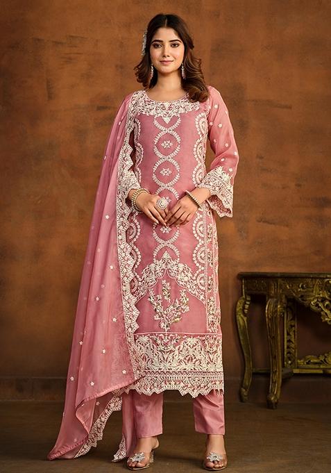 Peach Embroidered Organza Kurta Set