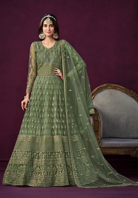 Light Green Embroidered Net Kurta Set