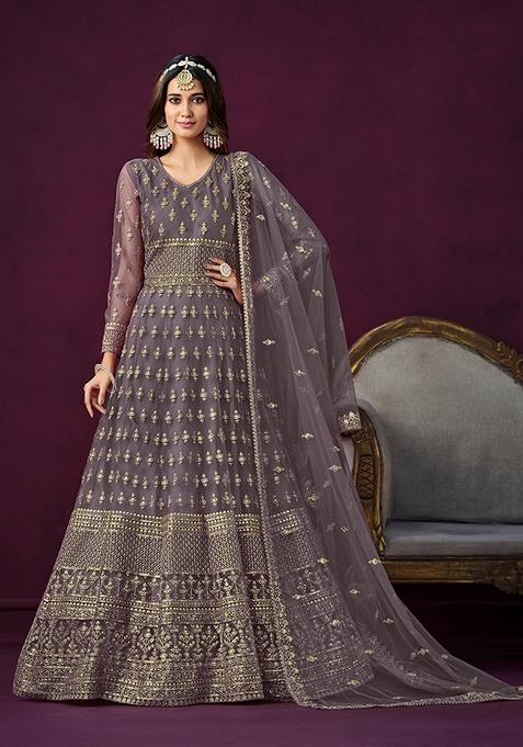 Light Purple Embroidered Net Kurta Set