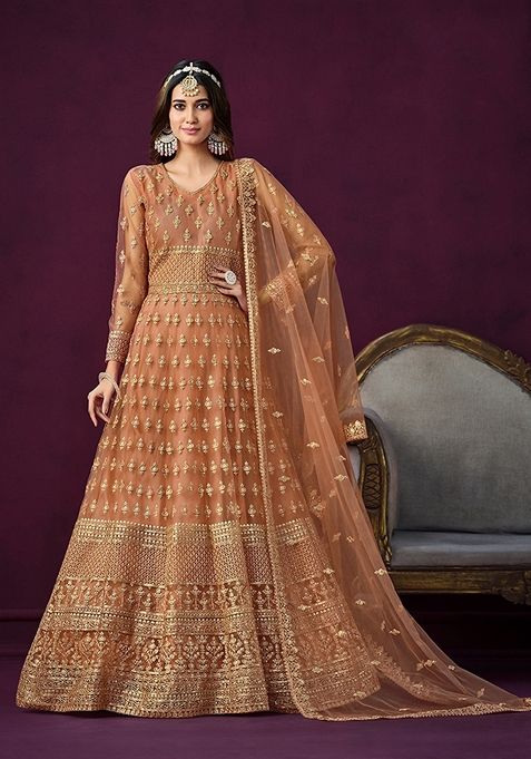 Light Orange Embroidered Net Kurta Set