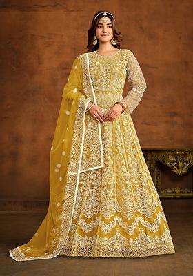 Yellow Embroidered Net Kurta Set