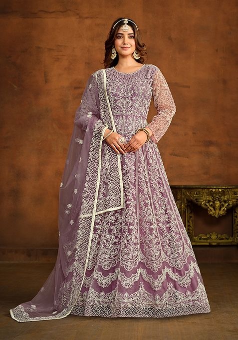 Purple Embroidered Net Kurta Set