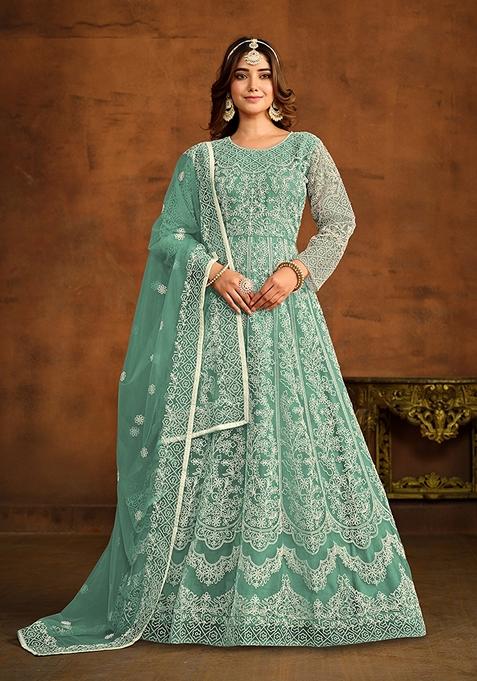 Sky Blue Embroidered Net Kurta Set