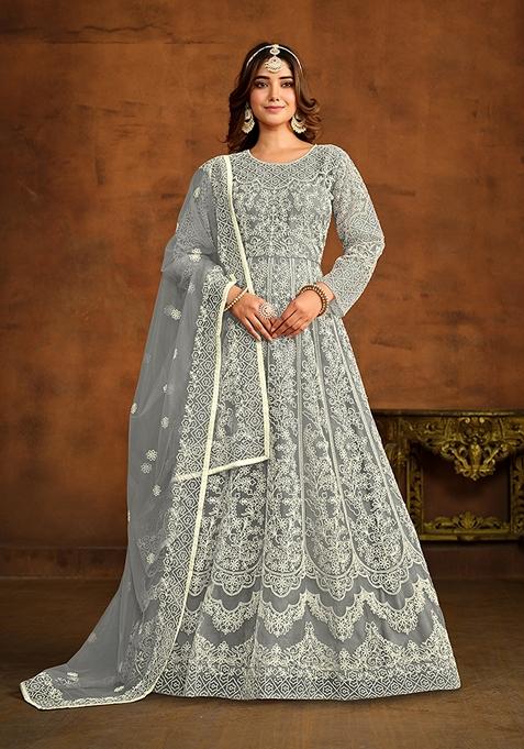 Grey Embroidered Net Kurta Set